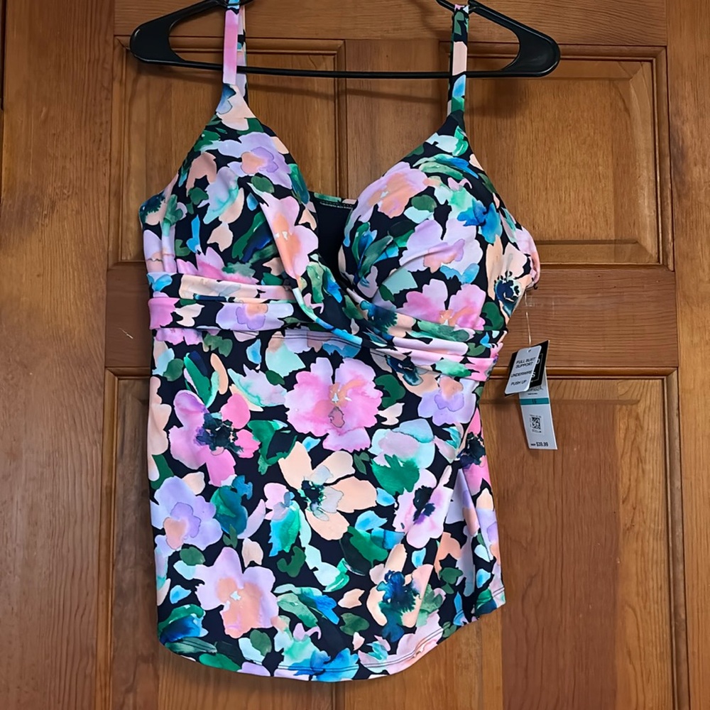 Tankini bathing suit top, blue multi colored, size 16